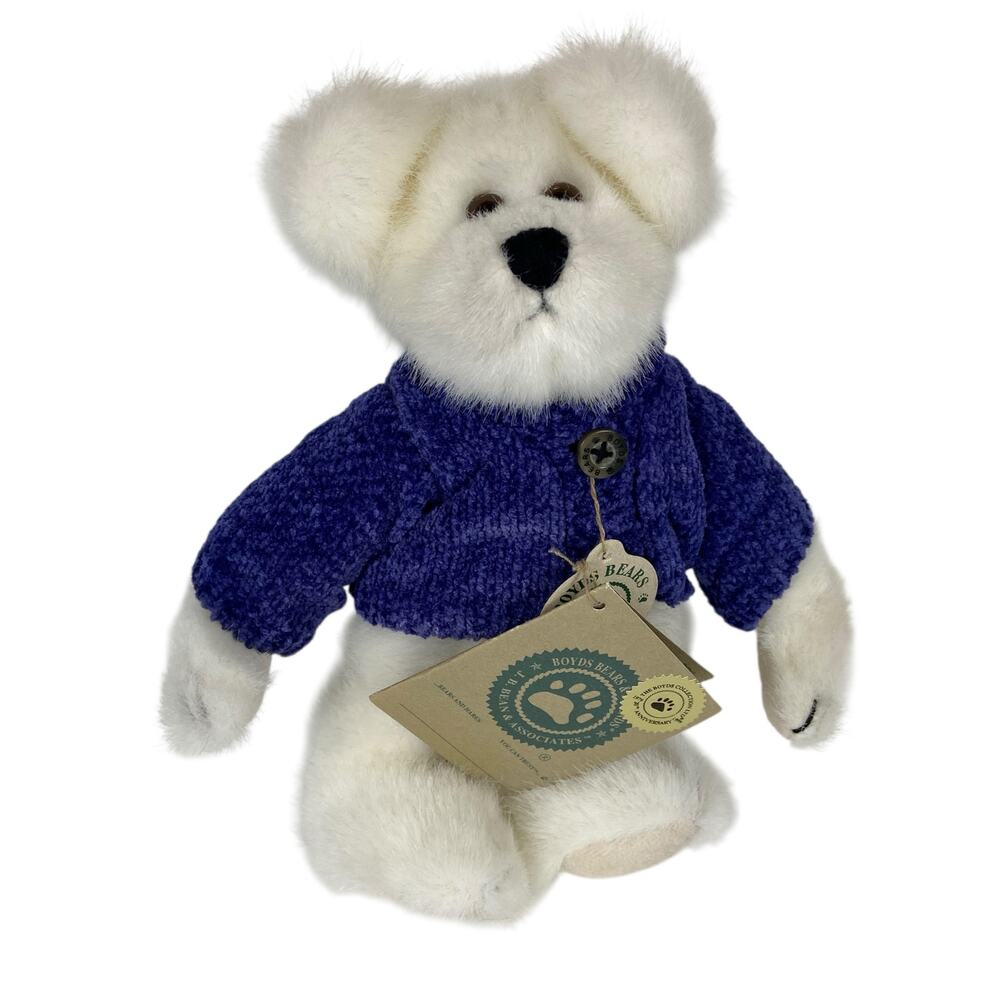 Boyds Collection 1999 20th Anniversary White Bear Plush Toy Blue Sweater 8"